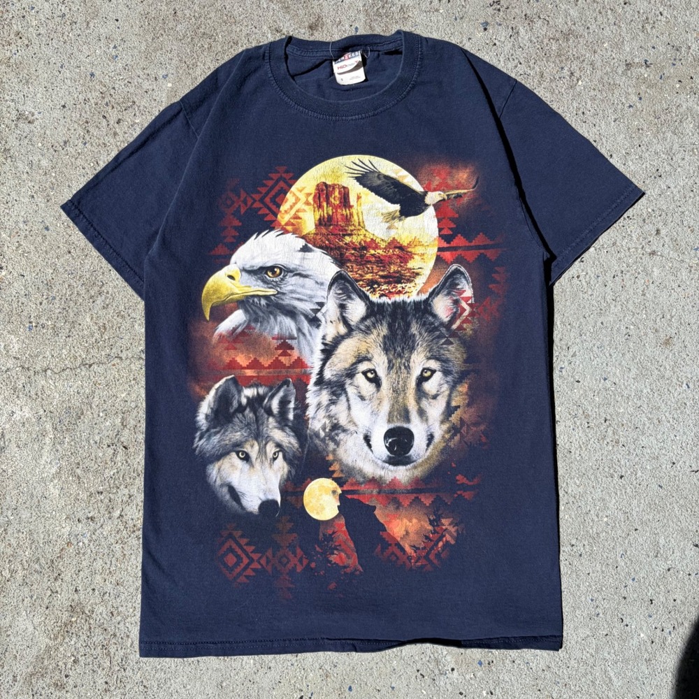 Jerzees Wolf Eagle Canyon Graphic Tee Navy Blue Short Sleeve Cotton Shirt Small